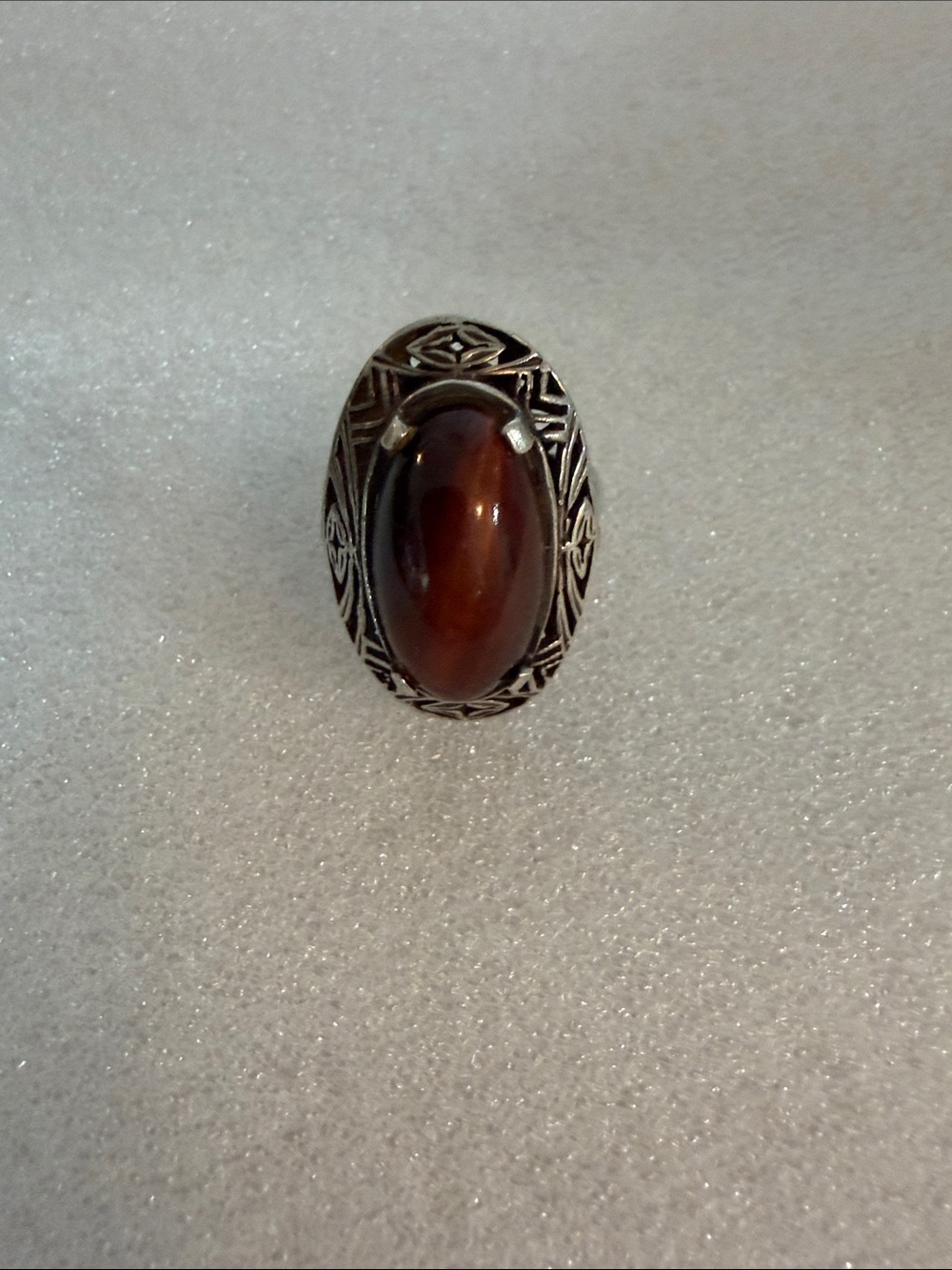 Israeli Vintage-Style Oval Brown Stone Cat’s Eye Sterling Silver Statement Ring